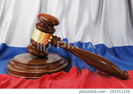 Russian law and justice concept. Wooden gavel on flag of Russia, 3D rendering 105351148