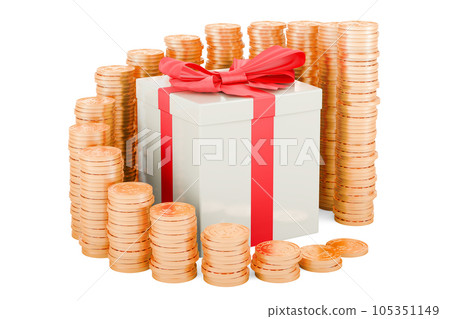 Gift box with growing chart from gold coins around, 3D rendering 105351149