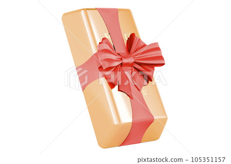 Golden ingot with red ribbon and bow, present concept. 3D rendering 105351157