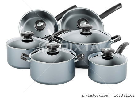 Set of cooking kitchen utensils and cookware. Pots and pans, 3D rendering 105351162