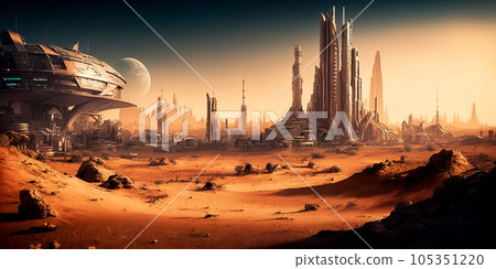 Technological city of the future, which is located in the most dangerous conditions on Mars. Generative AI Technological city of the future, which is located in the most dangerous conditions on Mars. Generative AI 105351220