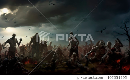 Apocalypse fantasy scene hroup of zombie walking. Halloween concept Generative AI Apocalypse fantasy scene hroup of zombie walking. Halloween concept Generative AI 105351395