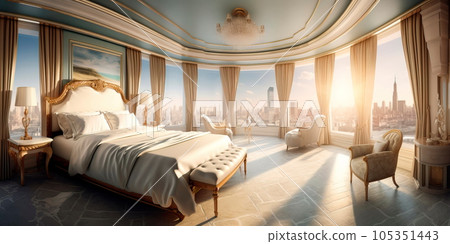 luxurious hotel room with a comfortable bed, a large window and an elegant design. Generative AI luxurious hotel room with a comfortable bed, a large window and an elegant design. Generative AI 105351443