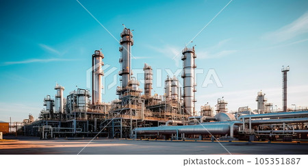 A modern petrochemical plant with intricate piping systems, distillation towers, and tanks, producing various chemical compounds. Generative AI 105351887