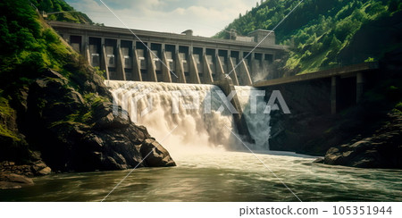 hydroelectric dam generating green energy from flowing water, with a cascading waterfall in the background. Generative Ai 105351944