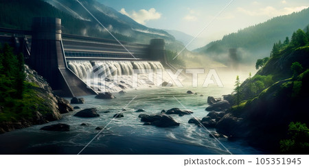 hydroelectric dam generating green energy from flowing water, with a cascading waterfall in the background. Generative Ai 105351945
