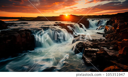 hydroelectric dam generating green energy from flowing water, with a cascading waterfall in the background. Generative Ai 105351947