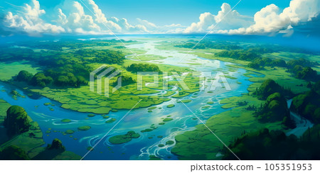 aerial view of a river delta with lush green vegetation and winding waterways Generative AI 105351953