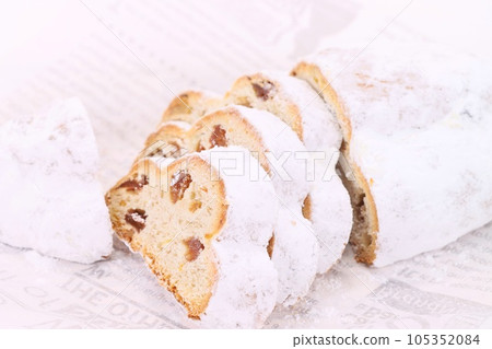 Stollen Sweet Bread with Dried Fruit Bright Background 105352084
