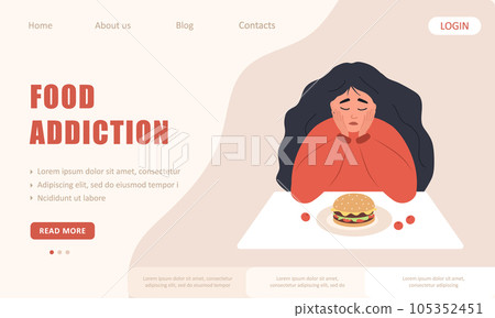 Food addiction landing page template. Sad woman looks at hamburger and worries about being overweight. Overeating, bulimia, anorexia. Vector illustration in flat cartoon style Food addiction landing page template. Sad woman looks at hamburger and worries about being overweight. Overeating, bulimia, anorexia. Vector illustration in flat cartoon style 105352451