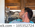 Cat lying down in relaxation looking at the man sitting in the garden. Human-animal relationships. Pet care. Funny pet 105352724