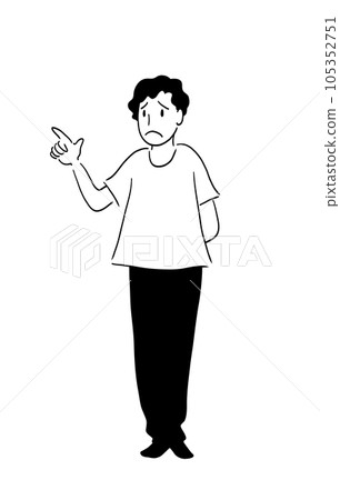 Standing picture of a man with a troubled face pointing his finger Standing picture of a man with a troubled face pointing his finger 105352751