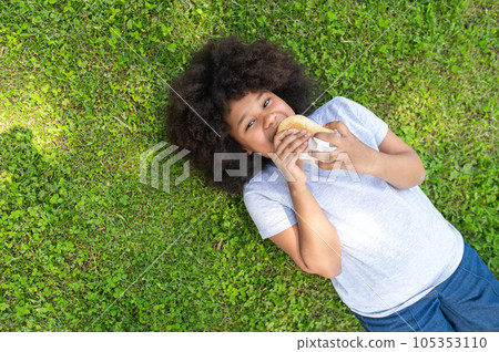 Girl lying on grass and eating fast food in park, happy kid having snack after using laptop outdoor. 105353110