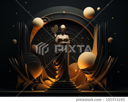 Golden 3D Statue of woman on pedestal in antique dress on black background, geometric art deco style, modern art AI Golden 3D Statue of woman on pedestal in antique dress on black background, geometric art deco style, modern art AI 105353285