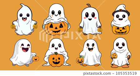 Cute cartoon Halloween ghost carrying pumpkin Jack-o'-lantern. 105353519