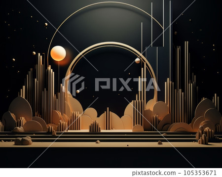 Abstract landscape in black and yellow colors, abstract urban scene. 3D visualization AI Abstract landscape in black and yellow colors, abstract urban scene. 3D visualization AI 105353671