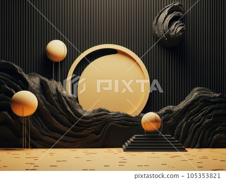 Futuristic mountains and lake in black and golden colors, abstract geometric natural landscape scene. 3D visualization AI 105353821