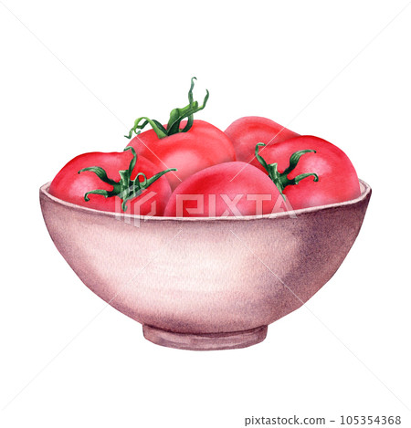 Ceramic bowl with tomatoes. Hand drawn watercolor illustration isolated on white background for clip art, menu, label, package Ceramic bowl with tomatoes. Hand drawn watercolor illustration isolated on white background for clip art, menu, label, package 105354368