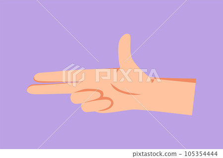 Graphic flat design drawing hand gesturing fire gun weapon with fingers, aiming shoot symbol. Hand making gun gesture icon. Hand shot sign or symbol. Weapons by hand. Cartoon style vector illustration 105354444