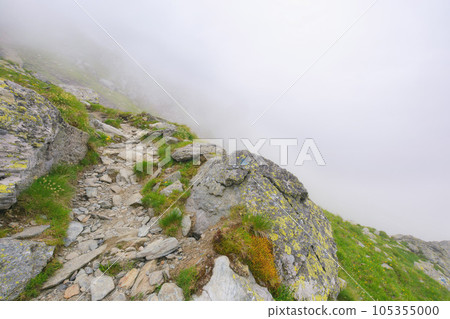 romanian nature scenery on a foggy day. mountainous landscape with steep rocky hills. summer vacations in fagaras 105355000