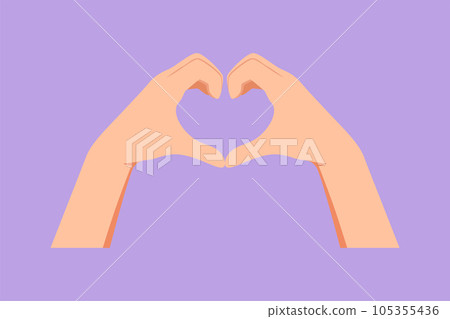 Graphic flat design drawing of hands making sign or symbol heart by fingers. Beautiful hands with copy space. Love, relationship, romance concept with hand gestures. Cartoon style vector illustration Graphic flat design drawing of hands making sign or symbol heart by fingers. Beautiful hands with copy space. Love, relationship, romance concept with hand gestures. Cartoon style vector illustration 105355436