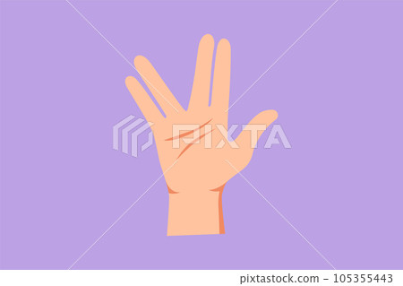 Graphic flat design drawing raised hand with the palm forward and the thumb extended, while the fingers are parted between middle and ring finger on blue background. Cartoon style vector illustration 105355443