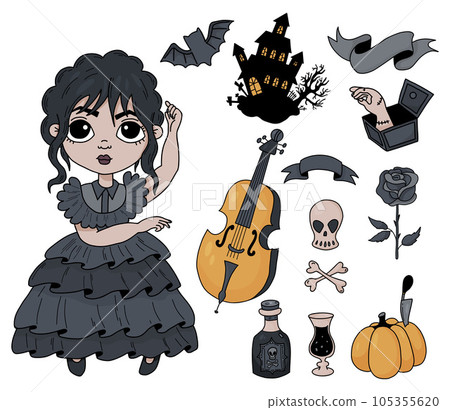 Gothic Halloween cute collection. Fantasy Dancing girl, spooky house with bat, cello, rum, skull and crossbones, pumpkin and hand thing. Vector illustration. Isolated colored drawn for festive design. Gothic Halloween cute collection. Fantasy Dancing girl, spooky house with bat, cello, rum, skull and crossbones, pumpkin and hand thing. Vector illustration. Isolated colored drawn for festive design. 105355620