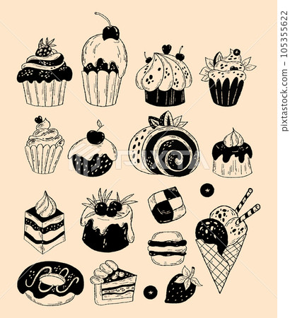 Collection sweet food. Hand drawn pastries. Desserts, roll, donut, cakes, cookies, muffins and pastries, ice cream and creamy dessert strawberry. Vector illustration. 105355622