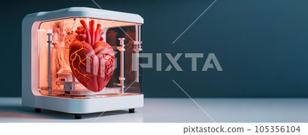 3D printer prints a human heart. Medical implantation of organs. AI generated. 105356104