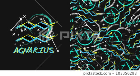 Label, pattern with icon of zodiac sign Aquarius with constellation, text, paint splatter, smudge, brush strokes. Horoscope esoteric element of the element of air. For decoration in street style Label, pattern with icon of zodiac sign Aquarius with constellation, text, paint splatter, smudge, brush strokes. Horoscope esoteric element of the element of air. For decoration in street style 105356298