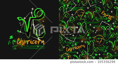 Label, pattern with icon of zodiac sign Capricorn with constellation, text, paint splatter, smudge, brush strokes. Horoscope esoteric element of the element of earth. For decoration in street style Label, pattern with icon of zodiac sign Capricorn with constellation, text, paint splatter, smudge, brush strokes. Horoscope esoteric element of the element of earth. For decoration in street style 105356299