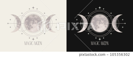 Label with moon, crescent, stars, triple moon sign. Wicca moon goddess symbol. Astrology, alchemy, boho, magic symbol. Mystery concept. Monochrome detailed illustration. 105356302