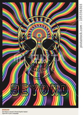 Psychedelic hypnotic poster with black outline silhouette of human skull, wavy rainbow beams, word Beyond. Concept of expanded consciousness, psychic abilities, hypersensitive perception 105356303
