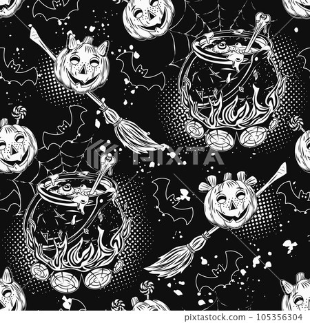 Pattern with witch cauldron with bubbling potion, bonfire, brooms, silhouette of bat, pumpkins like kids, little imps. Magic potion, symbol of witchcraft. Background in vintage style 105356304