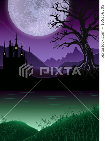 Scary halloween poster background with copy space. Foggy landscape with mountains, old castle, house, tree, big moon, grave cross, green glowing swamp. Otherworldly, mystical illustration. 105356305