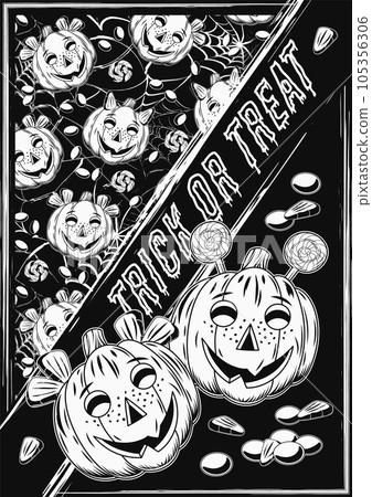 Halloween veritcal a4 poster with pumkin heads like happy kids, traditional sweets, text Trick or Treat. Diagonal composition. Vintage style. 105356306