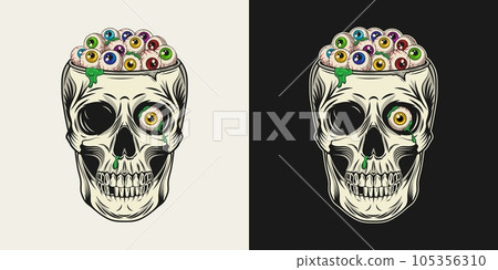 Human skull without top like cup full of colorful eyeballs. Crazy mad skull with single red eye and flowing green goo, mucus. Halloween illustration in vintage style. Human skull without top like cup full of colorful eyeballs. Crazy mad skull with single red eye and flowing green goo, mucus. Halloween illustration in vintage style. 105356310