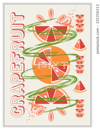 Vertical poster with fruit grapefruit, abstract shapes in simple geometric bauhaus style. Good for branding, decoration of food package, cover design, decorative print, background, wall decoration 105356313