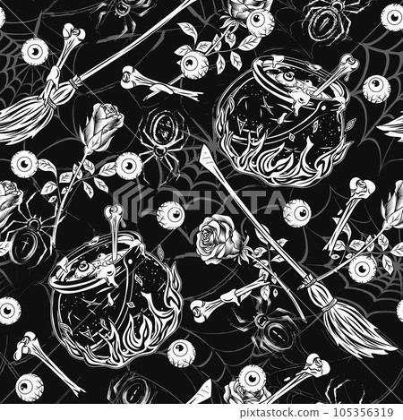 Halloween black and white pattern with witch cauldron with bubbling potion, fire, broken bone, broom, roses, spider, human eyeballs. Silhouette of spiderweb behind. 105356319