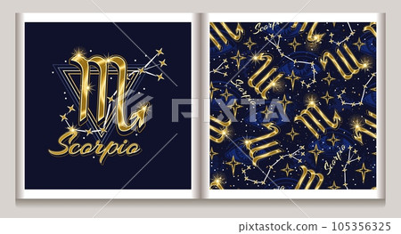 Pattern label with gold icon of zodiac sign Stock