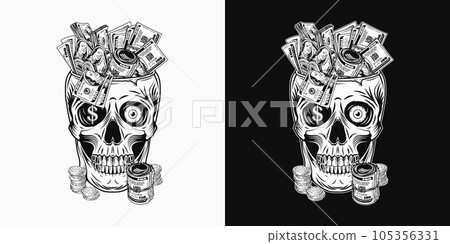 Human skull with single eye,100 dollar bills, gold dollar sign, coins. Skull like cup full of cash money. Concept of making money. Black and white illustration in vintage style 105356331