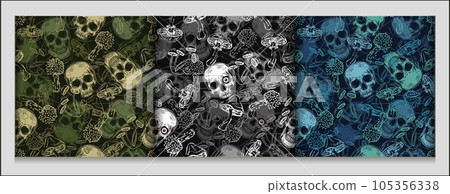 Grunge camouflage patterns with human skulls, mushrooms. Grunge style of outline of mushrooms. Dark textured background behind. Good for apparel, clothing, fabric, textile, sport goods. 105356338