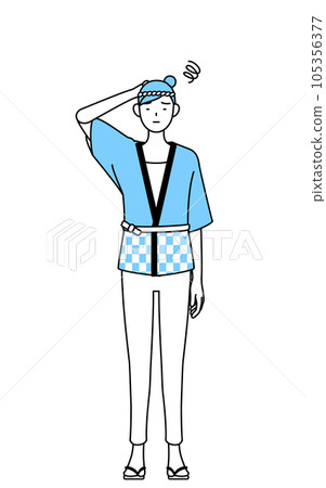 一個穿著夏日節日法衣外套的女人陷入困境撓頭 一個穿著夏日節日法衣外套的女人陷入困境撓頭 105356377