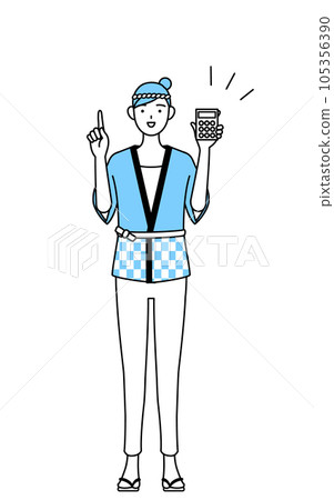一位穿著夏季節日快樂外套的女人用計算器指著 105356390