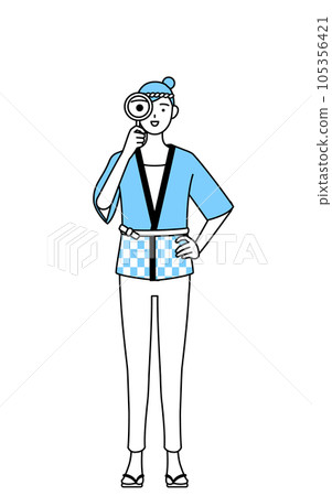 A woman wearing a summer festival happi coat looking through a magnifying glass 105356421