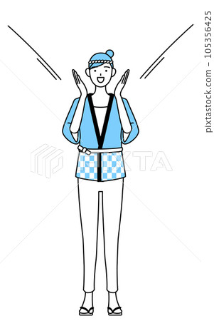 A woman wearing a summer festival happi coat with her hand on her mouth A woman wearing a summer festival happi coat with her hand on her mouth 105356425