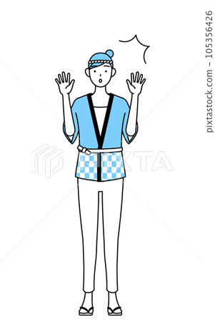 A woman wearing a summer festival happi coat raising her hand in surprise A woman wearing a summer festival happi coat raising her hand in surprise 105356426