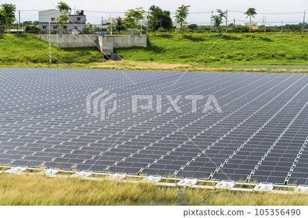 View of the floating Solar power system on the flood detention basin in Kaohsiung, Taiwan. 105356490