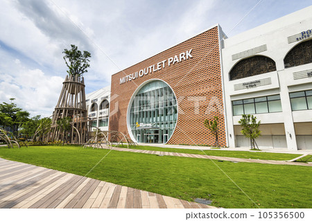 Low angle view of Mitsui Outlet Park in Tainan, Taiwan. it is Mitsui Fudosan's third base in Taiwan. 105356500