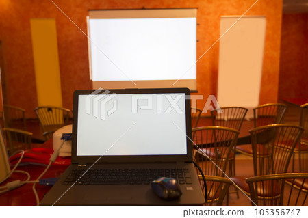 Computer screen for presentations empty chairs. Presentation 105356747